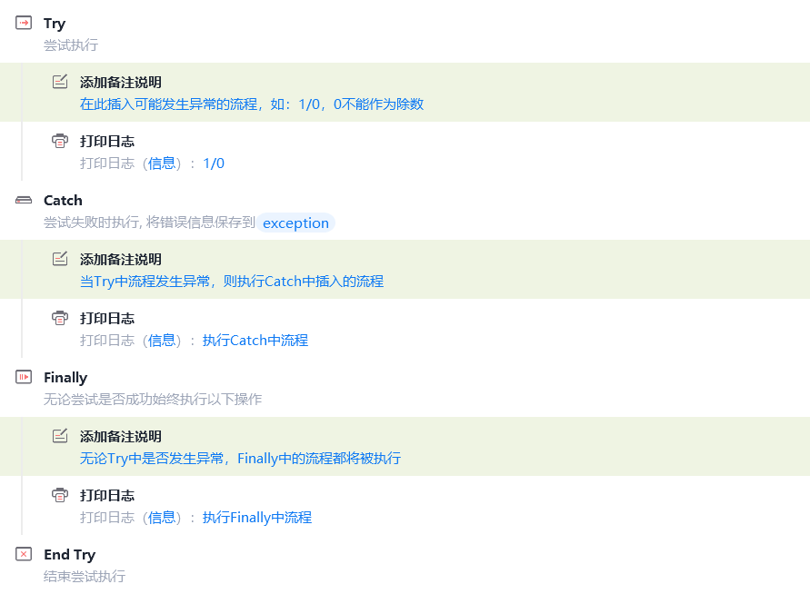 影刀 Try Catch Finally 执行结构截图